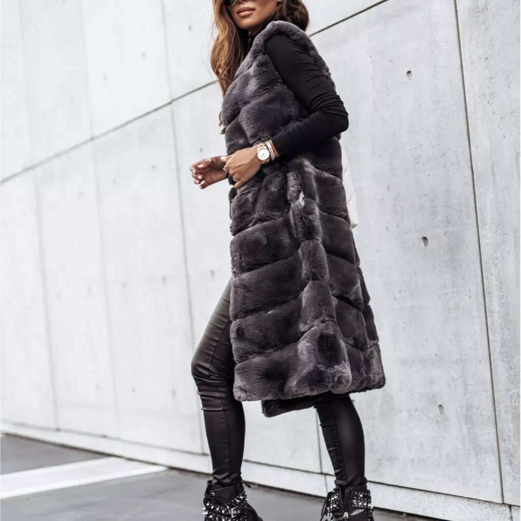 Women Long Faux Fur Autumn Winter Long Round Neck Fur Vests Coat Overcoat Sleeveless High Waist Solid Color Plush Teddy Overcoat Women Long Faux Fur Autumn Winter Long Round Neck Fur Vests Coat Overcoat Sleeveless High Waist Solid Color Plush Teddy Overcoat