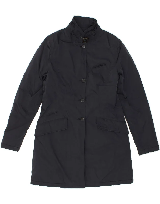 WOOLRICH Womens Overcoat UK 14 Large Navy Blue Polyester Lightweight Minimalist Coat WOOLRICH Womens Overcoat UK 14 Large Navy Blue Polyester Lightweight Minimalist Coat