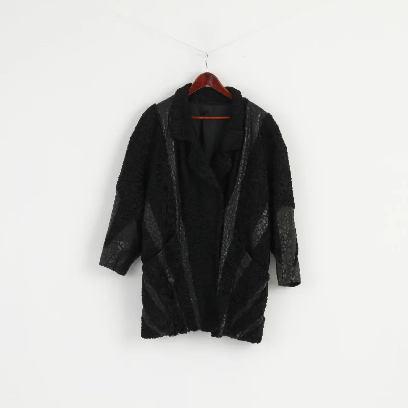 Pelz Greiner Nurnberg Women XL Coat Black Pelt Fur Karakul Leather Vintage Overcoat High-Collar Winter Coat Pelz Greiner Nurnberg Women XL Coat Black Pelt Fur Karakul Leather Vintage Overcoat High-Collar Winter Coat
