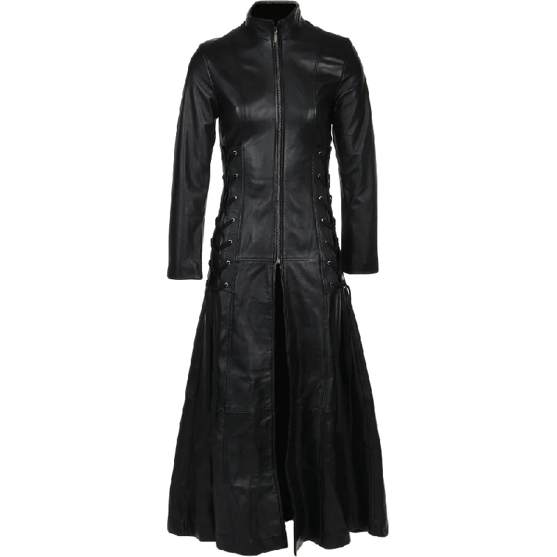 Women's Black Full Length Gothic Real Leather Trench Long Overcoat Wool Tweed Overcoat Women's Black Full Length Gothic Real Leather Trench Long Overcoat Wool Tweed Overcoat