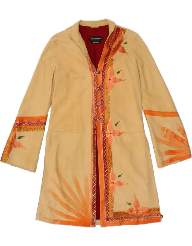 VINTAGE Womens Suede Overcoat IT 42 Medium Beige Floral Leather Plush Sherpa Overcoat VINTAGE Womens Suede Overcoat IT 42 Medium Beige Floral Leather Plush Sherpa Overcoat