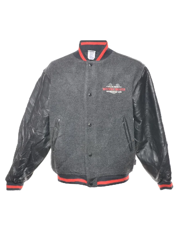 Disney Mickey Design Dark Grey & Red Varsity Jacket - S Wool Fabric Cashmere Fabric Tweed Fabric Disney Mickey Design Dark Grey & Red Varsity Jacket - S Wool Fabric Cashmere Fabric Tweed Fabric