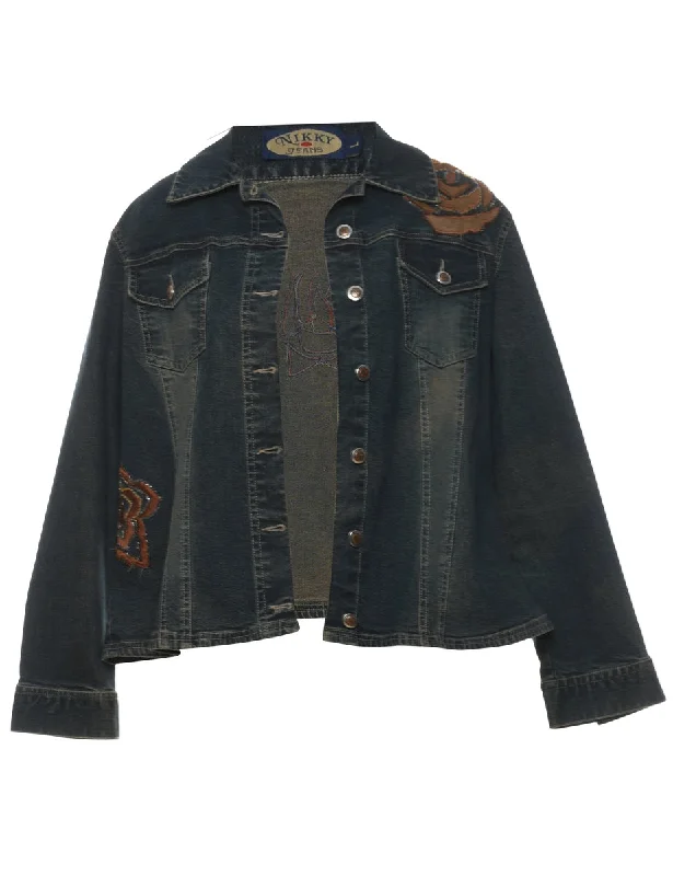 Distressed Y2K Embellished Denim Jacket - L Rayon Jacket Velvet Jacket Corduroy Jacket Distressed Y2K Embellished Denim Jacket - L Rayon Jacket Velvet Jacket Corduroy Jacket