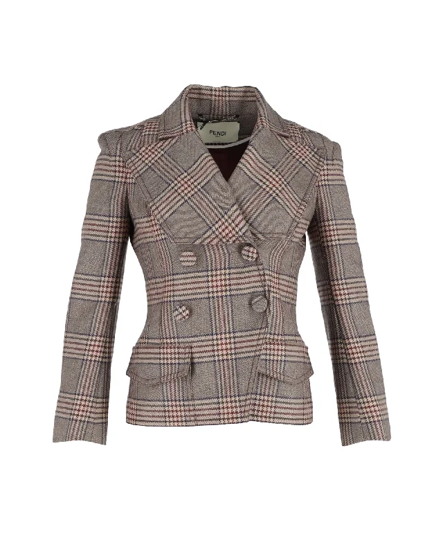 Fendi Double Breasted Prince Of Wales Checked Jacket in Brown Wool Hoodie Zip-Up Jacket Button-Up Jacket Fendi Double Breasted Prince Of Wales Checked Jacket in Brown Wool Hoodie Zip-Up Jacket Button-Up Jacket