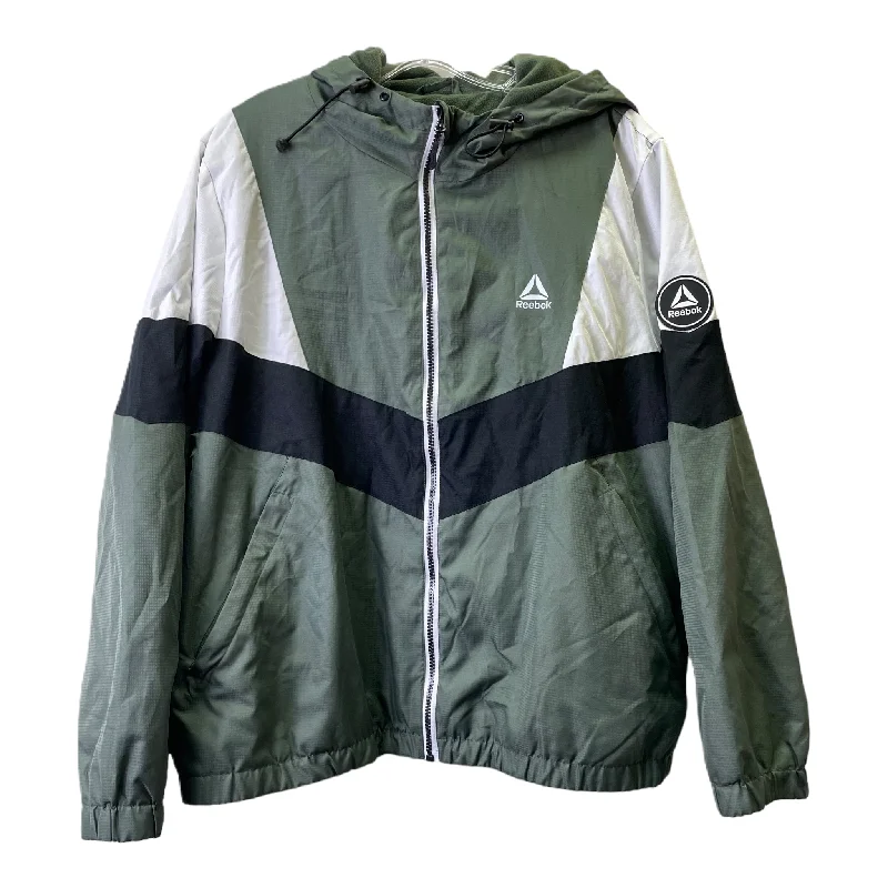 Green Jacket Windbreaker By Reebok, Size: 1x One-Shoulder Jacket Off-the-Shoulder Jacket Asymmetrical Jacket Green Jacket Windbreaker By Reebok, Size: 1x One-Shoulder Jacket Off-the-Shoulder Jacket Asymmetrical Jacket