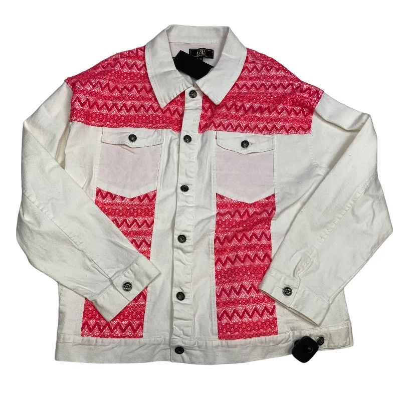 Jacket Denim By Lucky And Blessed In Pink & White, Size: 2x Boat Neck Shawl Collar Notched Collar Jacket Denim By Lucky And Blessed In Pink & White, Size: 2x Boat Neck Shawl Collar Notched Collar