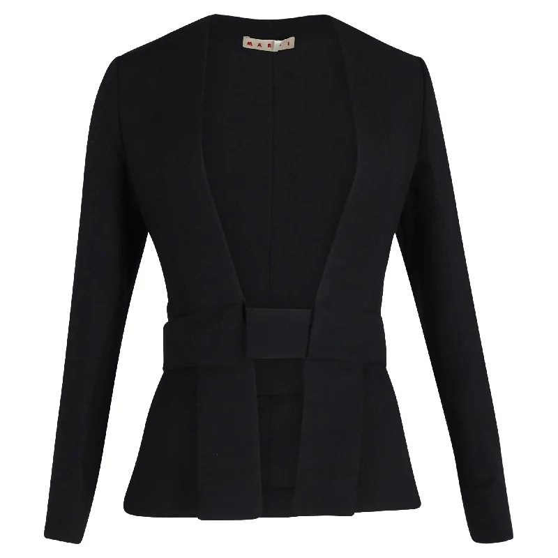 Marni Collarless Jacket with Waist Belt in Black Wool Ribbed Jacket Pleated Jacket Ruffled Jacket Marni Collarless Jacket with Waist Belt in Black Wool Ribbed Jacket Pleated Jacket Ruffled Jacket