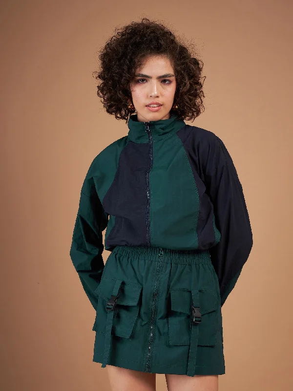 Women Green Colour Block Parachute Zipper Jacket Anorak Shell Jacket Lightweight Jacket Women Green Colour Block Parachute Zipper Jacket Anorak Shell Jacket Lightweight Jacket