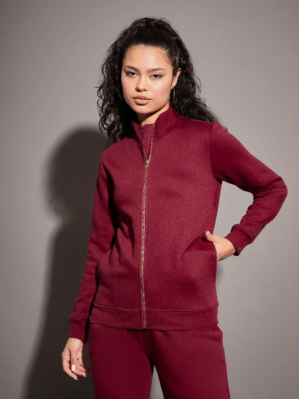 Women Maroon Fleece Zipper Jacket Elasticated Jacket Padded Jacket Insulated Jacket Women Maroon Fleece Zipper Jacket Elasticated Jacket Padded Jacket Insulated Jacket