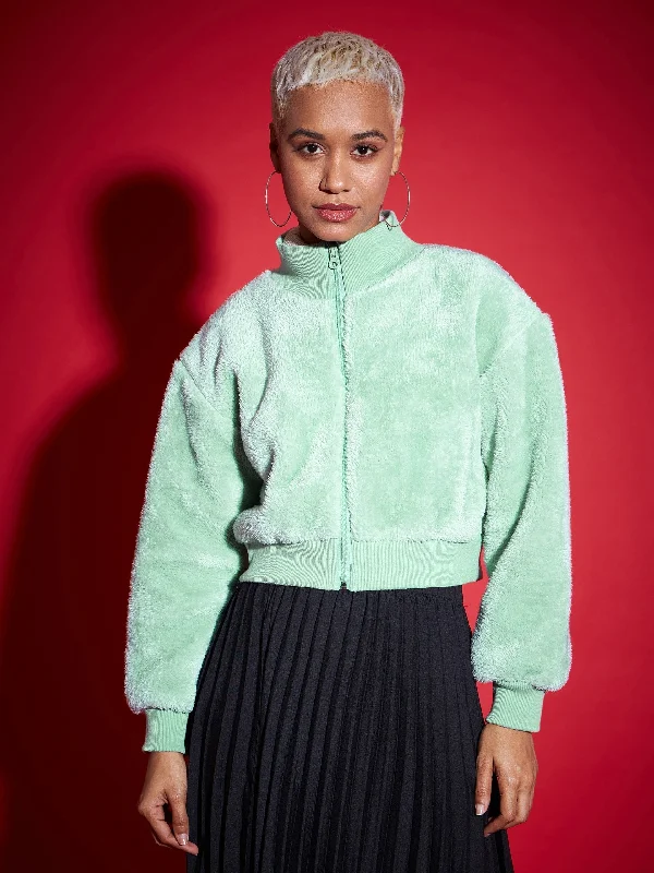Women Green Fur High Neck Crop Bomber Jacket Chenille Jacket Brocade Jacket Lace Jacket Women Green Fur High Neck Crop Bomber Jacket Chenille Jacket Brocade Jacket Lace Jacket