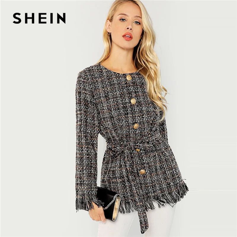 Black Elegant Highstreet Single Breasted Hem Button Belted Tweed Blazer Women's Party Jacket Black Elegant Highstreet Single Breasted Hem Button Belted Tweed Blazer Women's Party Jacket