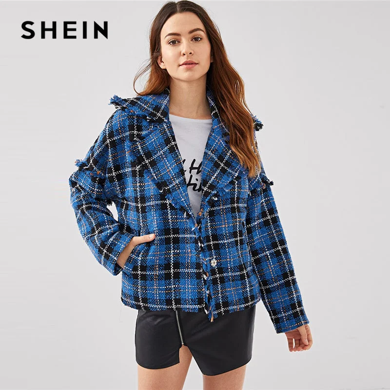 Blue Tweed Frayed Trim Pocket Side Plaid Blazer Elegant Notched Long Sleeve Women's Print Jacket Blue Tweed Frayed Trim Pocket Side Plaid Blazer Elegant Notched Long Sleeve Women's Print Jacket