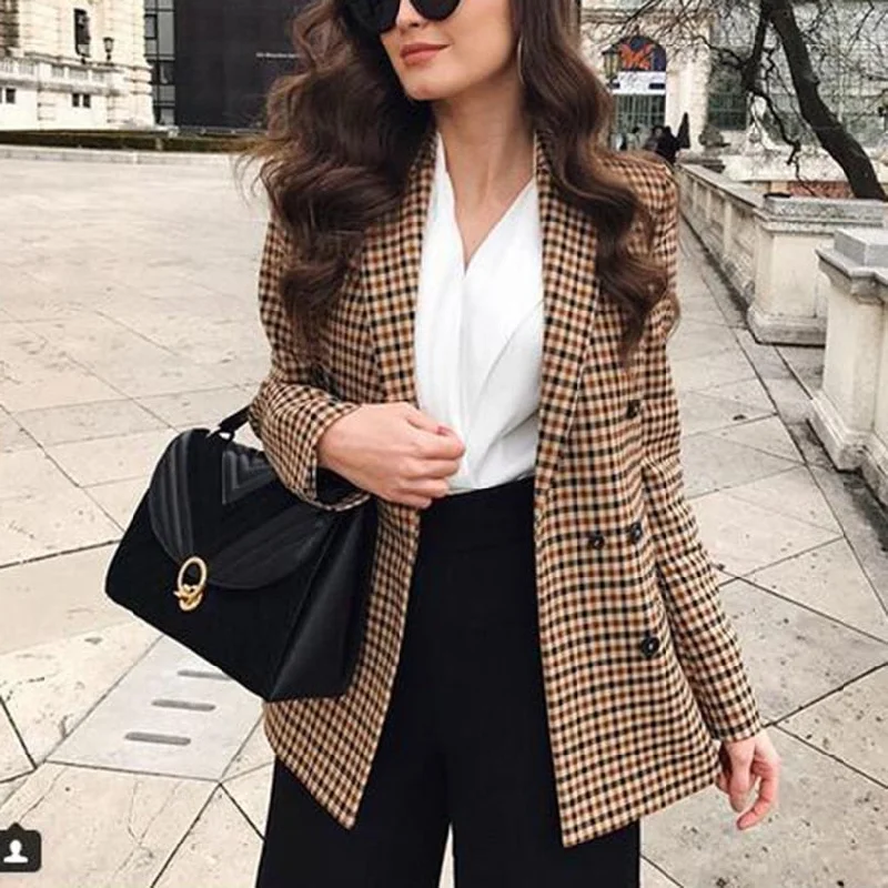 Moda outono feminino blazers xadrez e jaquetas trabalho senhora do escritório terno fino duplo breasted negócios feminino blazer casaco talever Women's Vacation Suit Moda outono feminino blazers xadrez e jaquetas trabalho senhora do escritório terno fino duplo breasted negócios feminino blazer casaco talever Women's Vacation Suit
