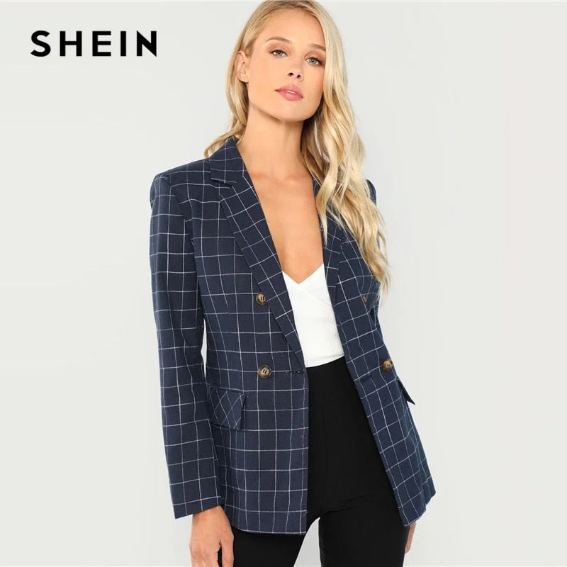 Navy Cotton Office Lady Elegant Notched Neck Plaid Double Breasted Blazer Women's Travel Jacket Navy Cotton Office Lady Elegant Notched Neck Plaid Double Breasted Blazer Women's Travel Jacket