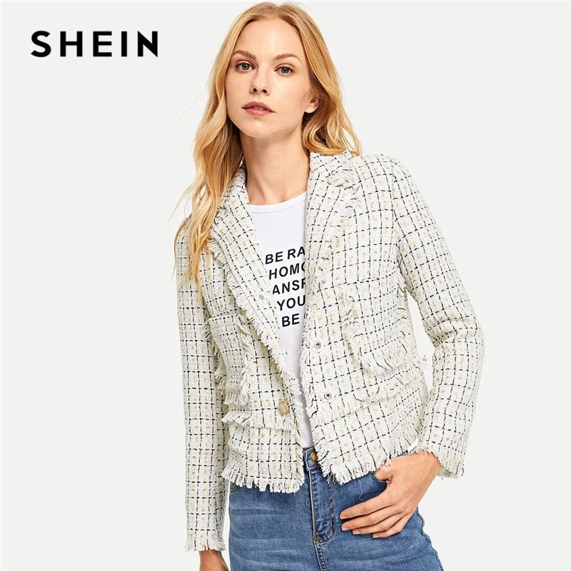 White Elegant Office Lady Button Front Notched Neck Fringe Plaid Blazer Women's Casual Suit White Elegant Office Lady Button Front Notched Neck Fringe Plaid Blazer Women's Casual Suit