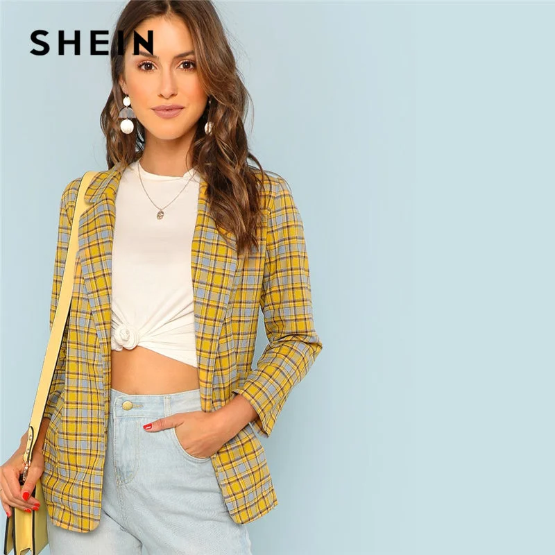Yellow Office Lady Elegant Notch Collar Pocket Front Plaid Longline Highstreet Blazer Women's Classic Suit Yellow Office Lady Elegant Notch Collar Pocket Front Plaid Longline Highstreet Blazer Women's Classic Suit