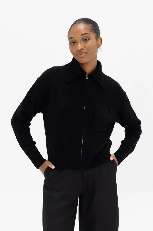Zip Cardigan, Noir Handmade Hand-knitted Hand-woven