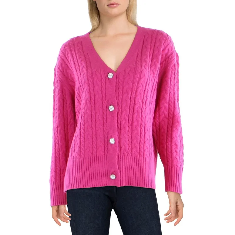 Anne Klein Womens Embellished Cable Knit Cardigan Sweater Knit Fabric Woven Fabric Fleece Fabric