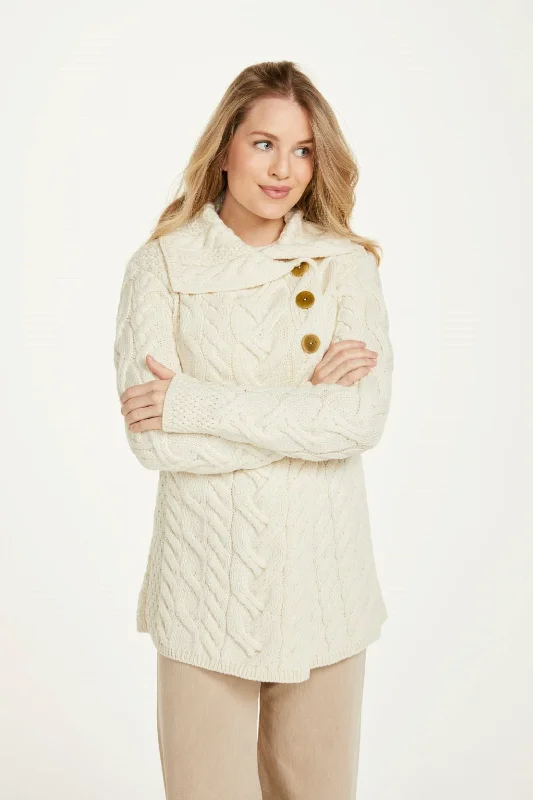 Aran - Buttoned Longline Cardigan - Oat Boat Neck Shawl Collar Notched Collar