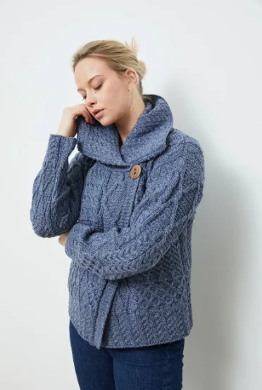 Aran - Merino Patchwork Cardigan - Denim Marl Tailored Straight A-Line