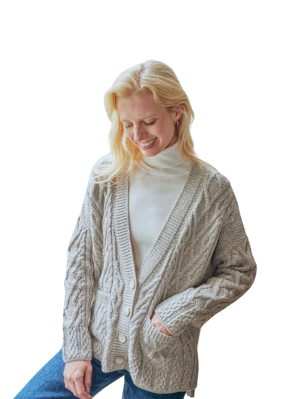 Aran - Vented box Cardigan with Buttons and trellis - Feather grey Mesh Fabric Canvas Fabric Denim Fabric Aran - Vented box Cardigan with Buttons and trellis - Feather grey Mesh Fabric Canvas Fabric Denim Fabric