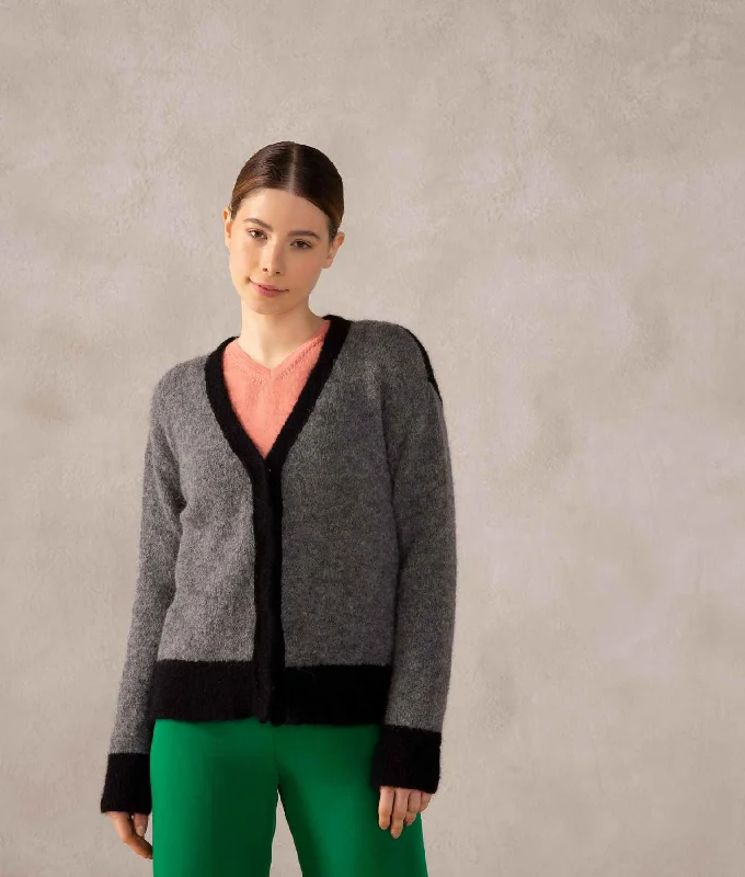 Baby Alpaca Color Blocked Cardigan Notch Collar Peter Pan Collar Cowl Neck