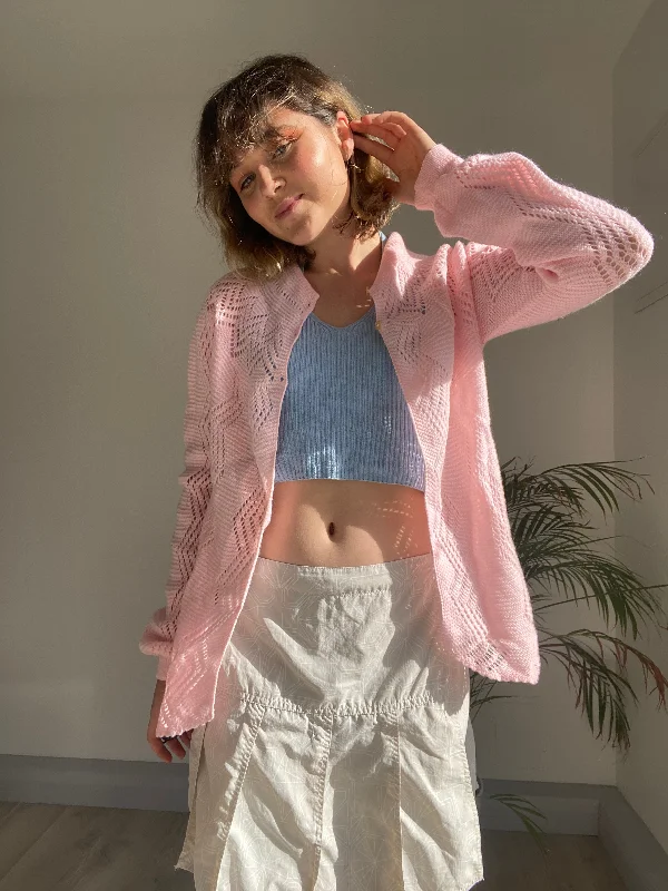 Baby Pink Cardigan (M) Satin Blend Silk Blend Wool Blend