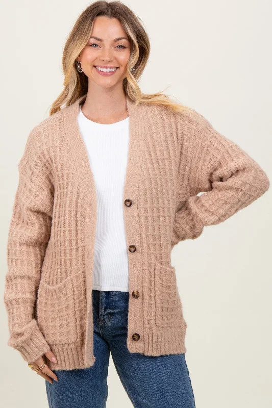 Beige Waffle Knit Button Up Cardigan Mesh Cardigan Canvas Denim