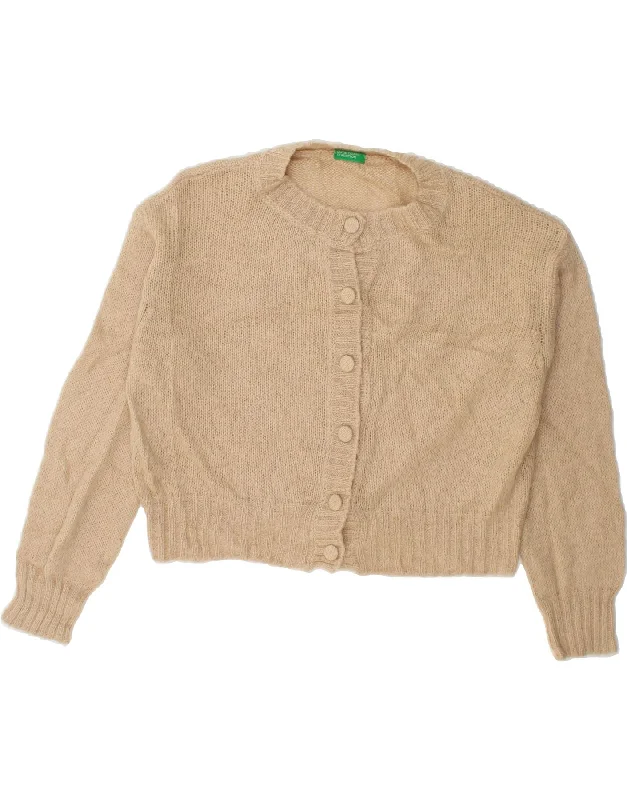 BENETTON Womens Crop Oversized Cardigan Sweater UK 10 Small Beige Acrylic Plaid Cardigan Polka Dot Checkered