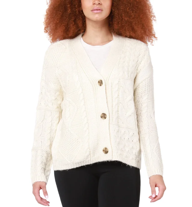 Black Tape Womens Button Up Patchwork Cable Knit Cardigan Crew Neck V-Neck Turtle Neck
