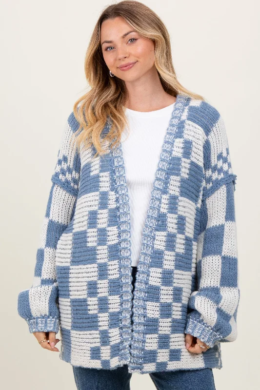 Blue Mixed Check Pattern Chunky Cardigan Bright Pastel Dark
