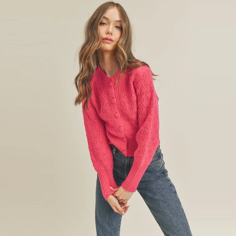 Button Front Cardigan (Fuchsia) Solid Color Striped Floral Print