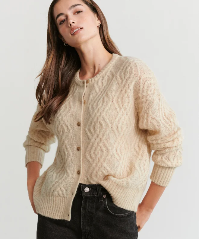 Cable Crewneck Cardigan Welt Pockets Slit Pockets Flap Pockets