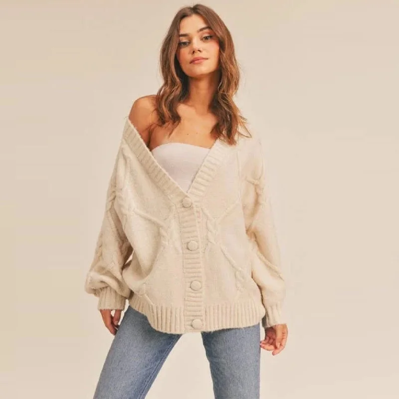 Cable Knit Cardigan Sweater (Cream) Solid Print Embellished