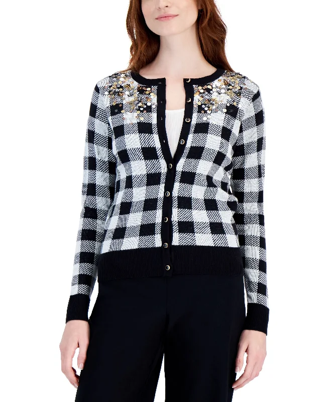 Charter Club Plaid Sequined Cardigan Satin Blend Silk Blend Wool Blend