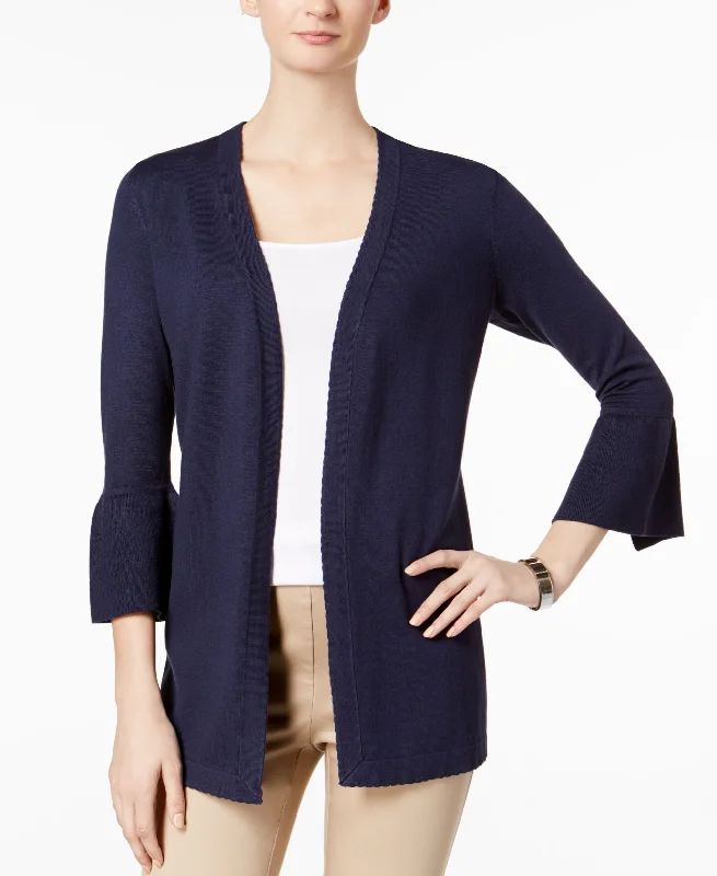 Scalloped Bell-Sleeve Cardigan Satin Blend Silk Blend Wool Blend