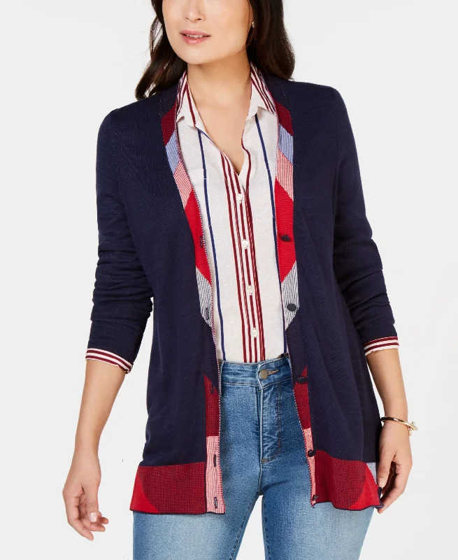 Charter Club Tipped Boyfriend Cardigan Sweater Mesh Blend Leather Blend Suede Blend