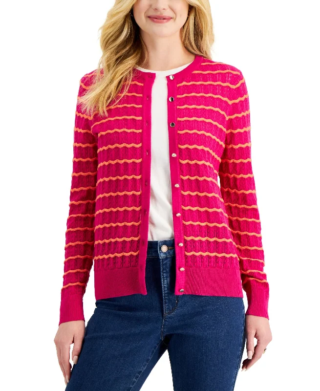Charter Club Womens Wavy Stripe Button Cardigan Mesh Cardigan Canvas Denim