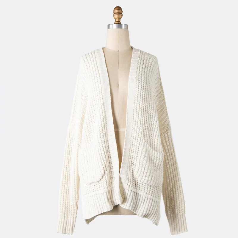 Chenille Cable Knit Cardigan (Ivory) Chenille Brocade Lace