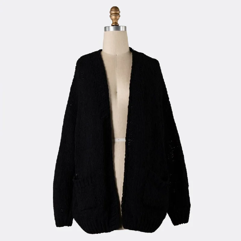 Chunky Chenille Cable Knit Cardigan (Black) Real Fur Shearling Chenille