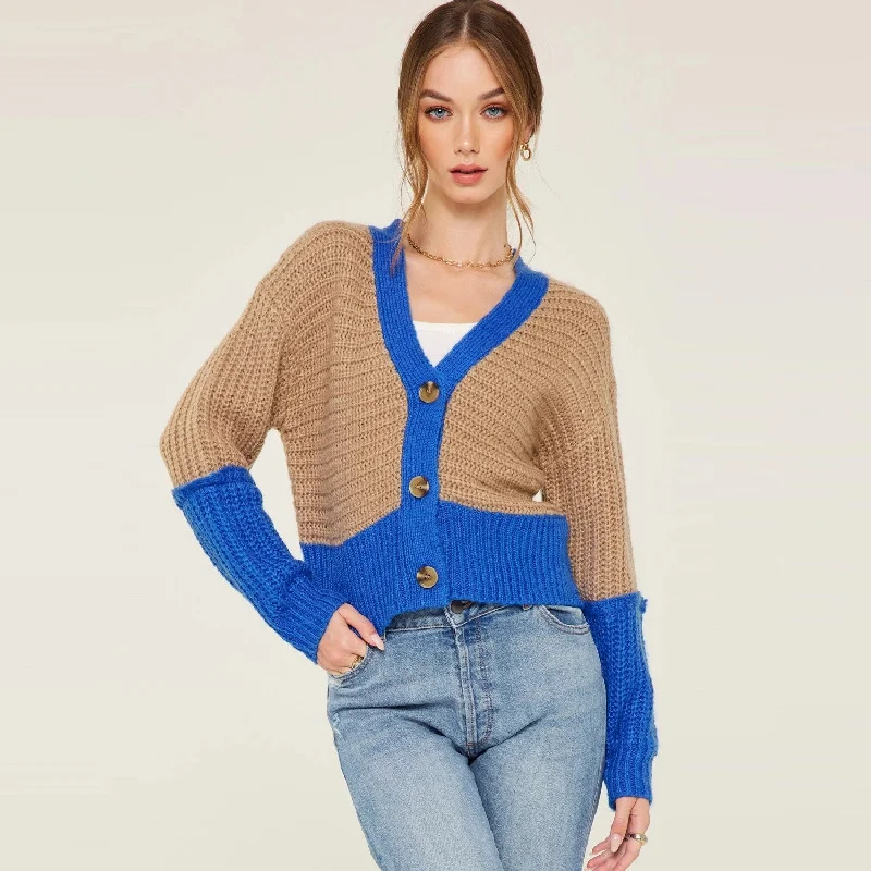 Colorblock Button Down Cardigan (Camel Blue) Velvet Chenille Corduroy