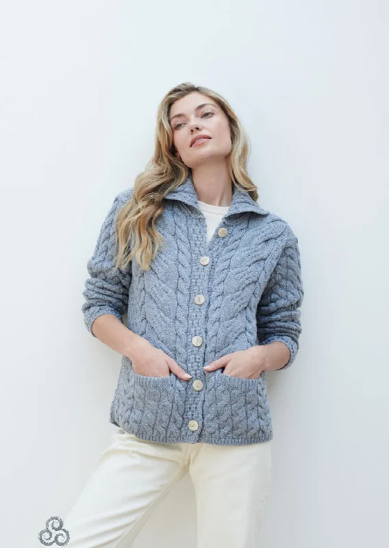 Aran - Button Cable Cardigan - Light Blue Welt Pockets Slit Pockets Flap Pockets