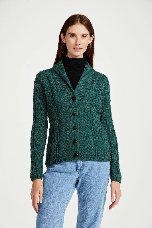 Aran - Shawl Collar Cardigan with Buttons - Connemara green Long Cardigan Short Cardigan Medium Cardigan Aran - Shawl Collar Cardigan with Buttons - Connemara green Long Cardigan Short Cardigan Medium Cardigan