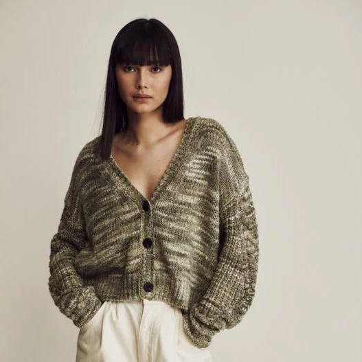 Evelyn Wool Cardigan (Green Lily) Silk Blend Satin Velvet