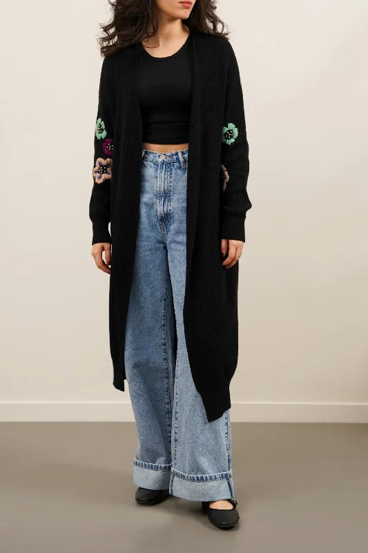 EXTRA LONG EMBROIDERED CARDIGAN Real Fur Shearling Chenille
