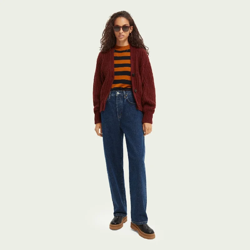 Fuzzy Cardigan With Voluminous Sleeve (Burgundy) Fitted Slim Tailored