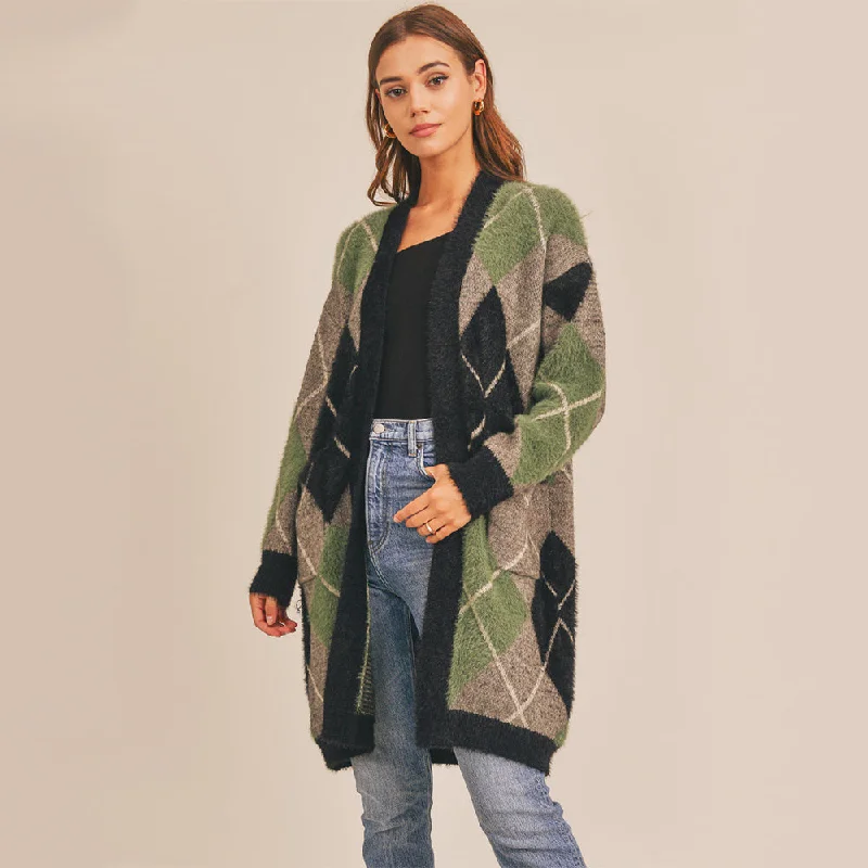 Fuzzy Plaid Jacquard Cardigan (Green Multi) Notch Collar Peter Pan Collar Cowl Neck