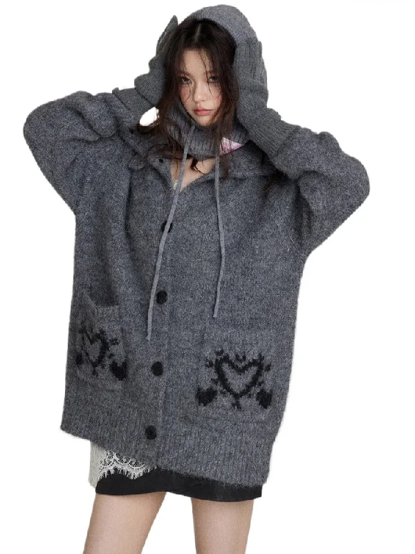 Gray Turtleneck Heart Sweater Cardigan Bright Pastel Dark