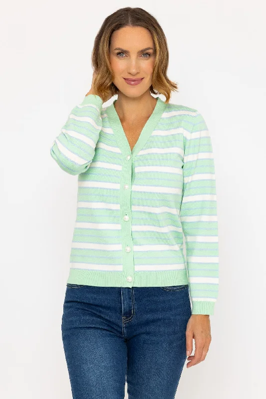 Green Stripe V-Neck Cardigan Chenille Brocade Lace