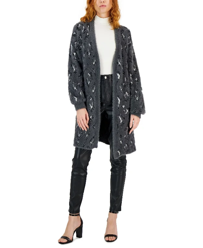 International Concepts Womens Fuzzy Animal Print Open Front Cardigan Ribbed Striped Patterned